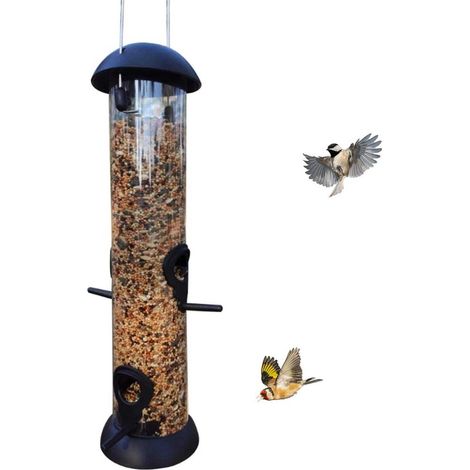 Comedero tubular, Caseta para pájaros, Comedero colgante, Atracción para aves silvestres, 4 aberturas de alimentación, jardines y terrazas, Negro (1/5)
