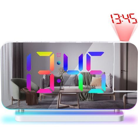 Horloge de Chevet Projecteur Digitale - Écran Miroir LED de 18,8cm, Projection Orientable à 180°, Éclairage d'Ambiance RVB, Recharge par USB-C, Luminosité Automatique - Design Moderne