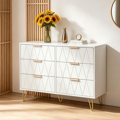 Cassettiera da 100 cm – 6 cassetti – Stile italiano – Lusso minimalista – Gambe dorate – Legno bianco (1/5)