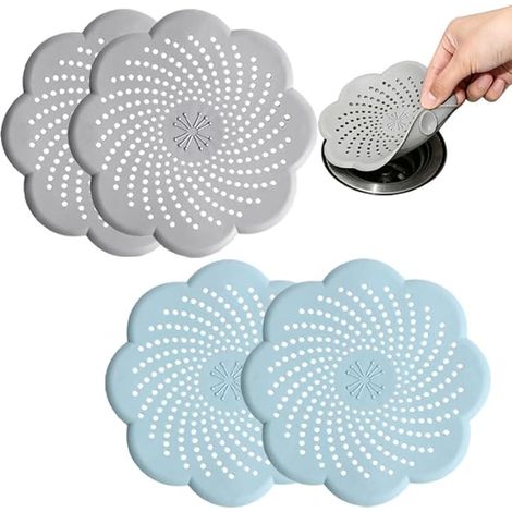 Lot de 4 Tamis Évacuation Silicone Universels avec Ventouses, Attrape Cheveux Douche et Baignoire, Filtre Anti-Bouchons pour Évier Cuisine et Salle de Bain, 2 Gris + 2 Bleus (1/5)