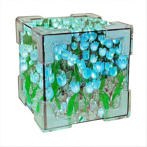 Lampe Décorative Cube Tulipes Miroir Bleu, Veilleuse de Chambre Originale, Ornement de Bureau, Cadeau Lumineux LED (1/5)