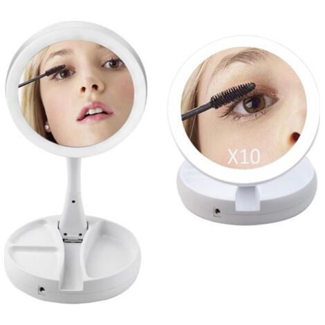 Miroir De Maquillage Led Lumière Par Table Double Face 10x / 1x 3x ° Coteur Portable Pliant 360 ° (1/5)