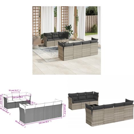 vidaXL Salon de jardin 8 pcs avec coussins gris clair résine tressée