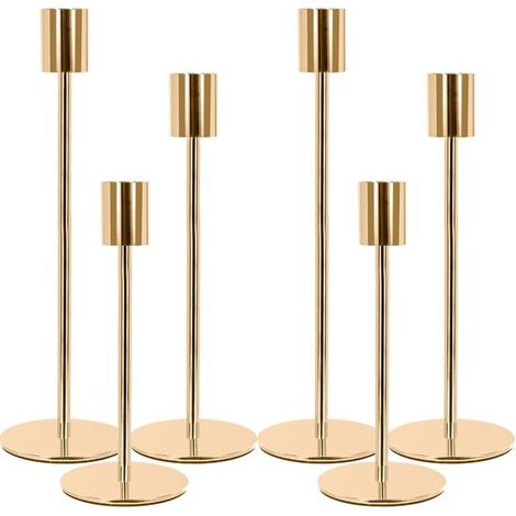 Juego de 6 candelabros altos de metal dorado para decoración de bodas y salas de estar. (1/5)
