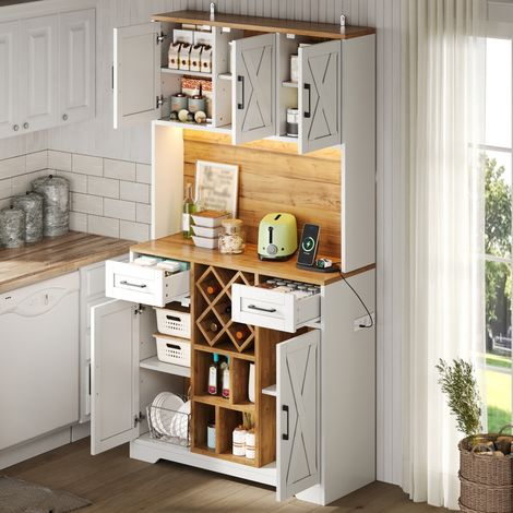 Meuble de cuisine, armoire de rangement haute avec éclairage LED, meuble garde-manger avec casiers à vin, cave à vin et vitrine pour salon et salle à manger, 180 × 105 × 40 cm (1/5)