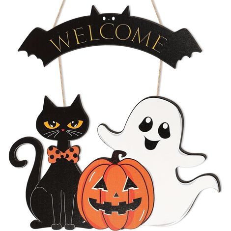 Halloween décoration Türschild, Haustür décoration, 45cm Halloween Willkommen Schild, Kürbis, Geist, noir Katze (1/5)