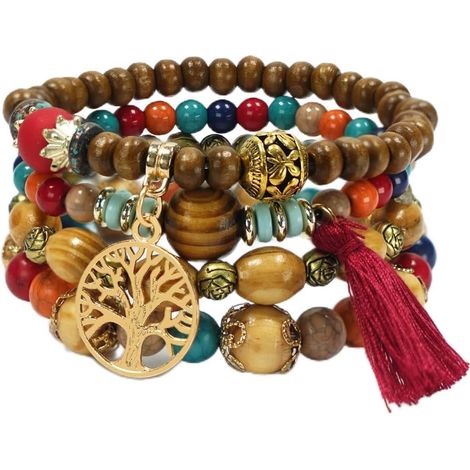 Set boho di 4 braccialetti con perline di legno per donna, design Albero della Vita, perline di cristallo, braccialetti a catena fatti a mano per donne e ragazze (1/5)