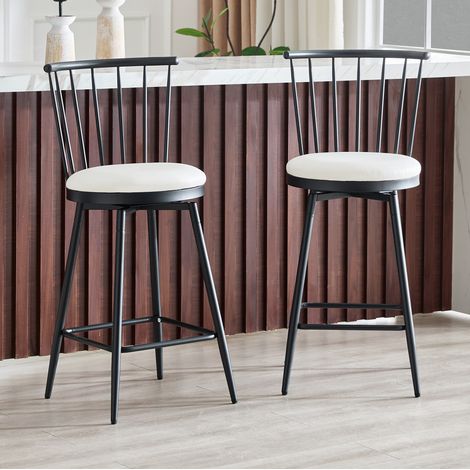 Taburete de bar, respaldo estilo Windsor, asiento acolchado, estructura metálica, PU blanco (1/5)