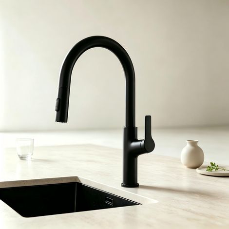 CECIPA MAX Grifo extensible de cocina, grifo de cocina con 2 tipos de chorro, monomando negro para fregadero (1/5)