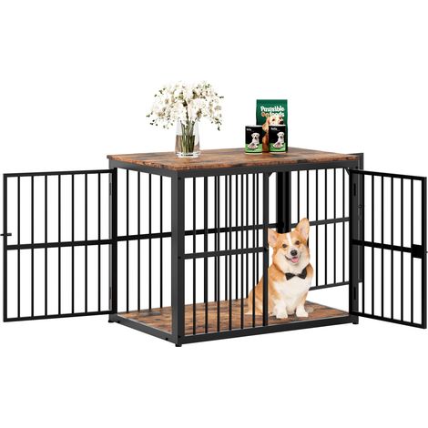 Cage pour chien meuble 3 portes modulable, meuble TV ou table de chevet, plateau waterproof, métal et panneau de particules noir et brun  CHICFURN (1/5)