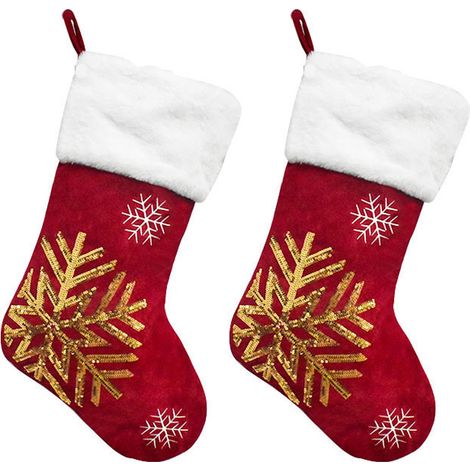 Chaussette De Noel - En Laine Et Polaire - Motif Brodé Flocon Et Renne - Accroche Intégrée - Pour Cheminée Ou Décoration Intérieure - Par 2 (1/5)