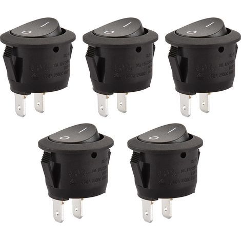 Lot de 5 interrupteurs à bascule ronds - 2 bornes SPST, 6 A, 250 VCA, UL, VDE - Noir (1/5)