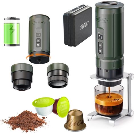Machine à café expresso portable HiBREW H4C 3-en-1, cafetière de voyage, batterie lithium 7500 mAh, auto-chauffante, compatible capsules NS DG et café moulu (1/5)