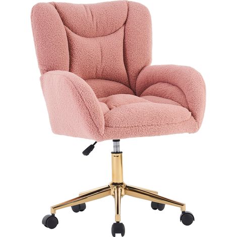 Sedia da ufficio girevole in tessuto Teddy rosa con altezza regolabile e base dorata (1/4)