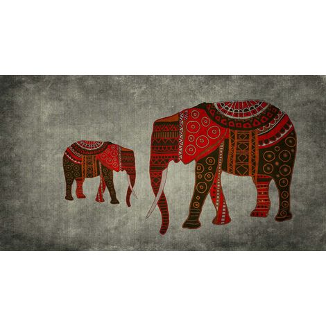 Papier peint panoramique ethnique rouge & gris | Tapisserie panoramique éléphant idéale salon | Papier peint panoramique animaux originale - 270 x 500 cm (5 pièces) (1/2)