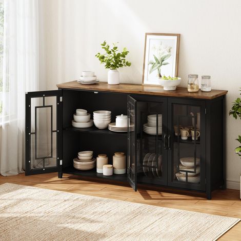 Aparador de cocina (160x40x86 cm), con puertas de cristal, gran capacidad de almacenaje, MDF, negro (1/5)