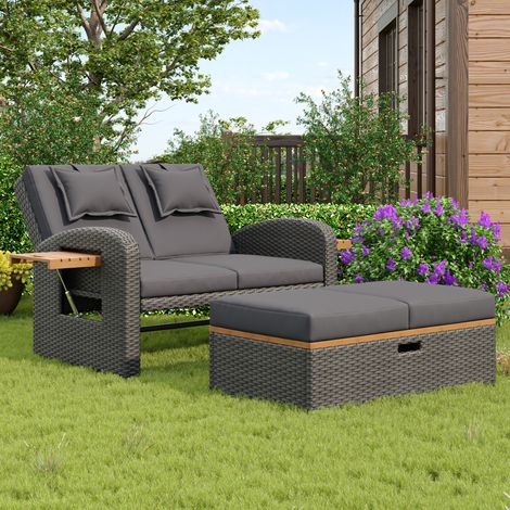 Salon de jardin pour 2 personnes : rotin gris, dossier réglable, utilisable comme pouf ou lit extérieur, avec coussins (ancien SKU : HW24020AAA)