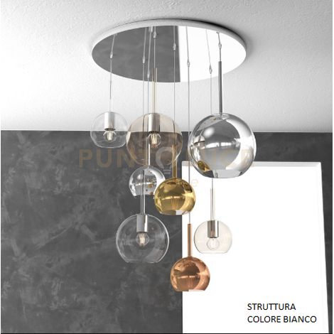SOSP. BIANCO TONDA 8 LUCI VETRI (1 GRANDE CR+1 MEDIO AM+1 MEDIO TR +5 PICCOLO 1 X AM+TR+CR+RA+OR) 1155BI-S8 TMIX-MC