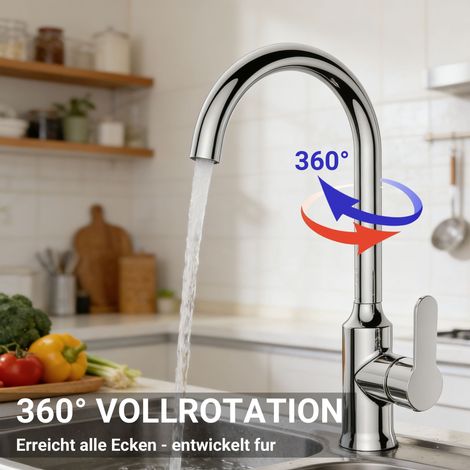 DUSCHPARADIES Küchenarmatur 360°Schwenkbar Zink-Kupfer KTW-geprüft Hochbogen Spültischarmatur Wasserhahn Chrom (1/5)