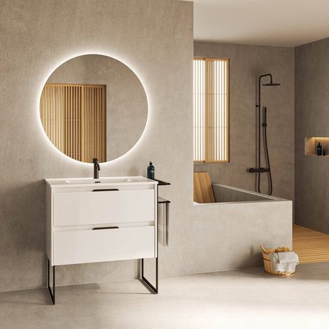 Mobile bagno a terra 100 cm bianco lucido con lavabo - Reims - Bianco 100 cm Con specchio e lampada LED