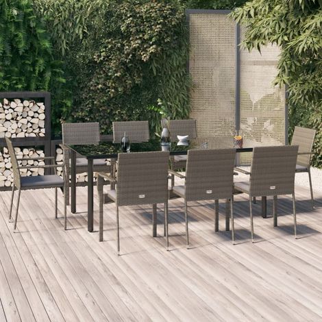 9 pcs Ensemble à manger,Mobilier de salle à manger Jardin et coussins noir et gris HH54904 (1/5)