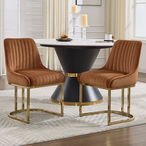 Wahson Lot de 2 chaises en velours marron – Coussin épais 12cm – Base métallique dorée – Dossier matelassé pour soutien lombaire, Marron (1/5)
