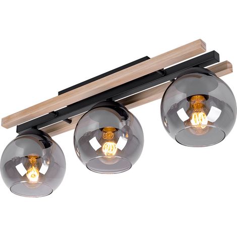 Deckenstrahler Holzleuchte 3-flammig Deckenlampe Deckenleuchte Schlafzimmerlampe, Glas rauch, Metall MDF hellbraun, 3x E27 Fassung, LxH 60 x 20,5 cm
