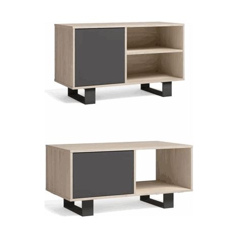 Skraut Home - Set Wind, Ensemble de Meubles de Salon/Salle à Manger composé par 1 Meuble TV100 et 1 Table Basse, Chêne/Gris, Pieds noir. (1/5)