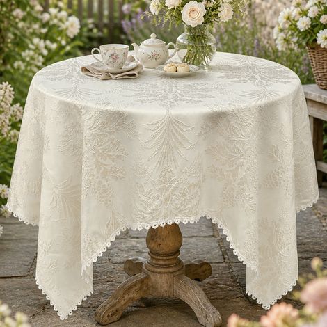 Nappe jacquard blanc cassé, idéale pour les restaurants, les tables basses, les mariages, les fêtes et autres occasions. Dimensions : 140 x 220 cm. (1/5)