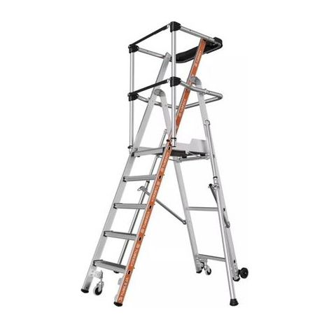 [JAMAIS UTILISE] Tubesca Comabi – Escabeau plate-forme 6 marches aluminium – Hauteur de travail 3.40m – Garde-corps rigide antichute – Tablettes porte-outils amovibles