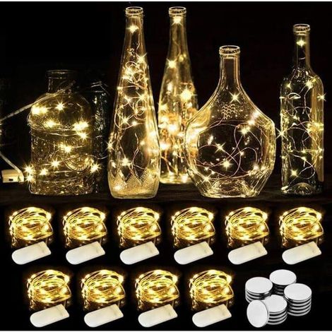 Lot de 10 guirlandes lumineuses en fil de cuivre de 2 m avec 20 LED, à piles, pour vase fin, table, intérieur ou extérieur, fête, Noël (blanc chaud) (1/4)