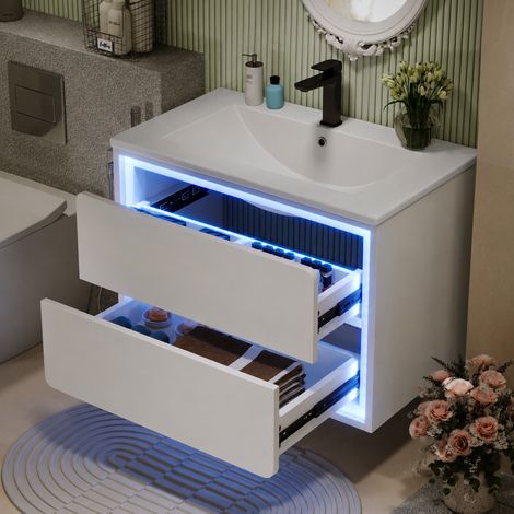 Meuble vasque suspendu 76x46x48.5cm, finition laquée blanche, éclairage LED à détecteur de mouvement, 2 tiroirs coulissants silencieux, lavabo intégré, salle de bain moderne et fonctionnel (1/5)