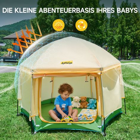 REDOM parque infantil pop up 150x150x105 cm, techo desmontable, paredes de malla, tela Oxford verde y amarillo (1/5)