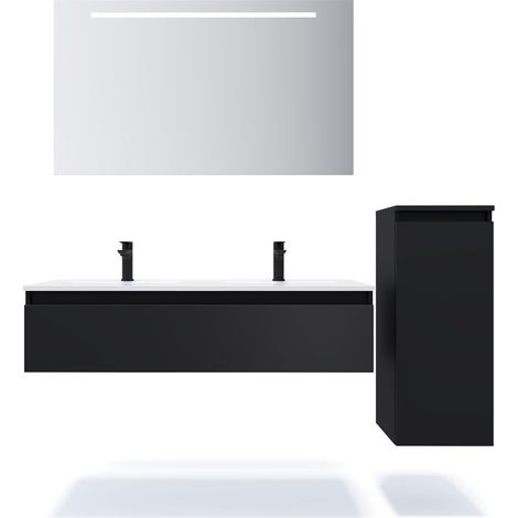 Meuble de salle de bain suspendu double vasque intégrée 120cm 1 tiroir Noir + miroir + colonne ouverture droite - Hudson (1/5)