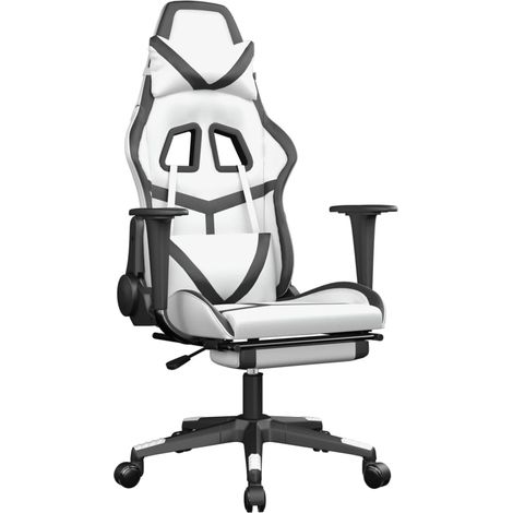 Fauteuil de bureau chaise gaming sur roulettes avec repose-pieds PVC noir et blanc DEC025740