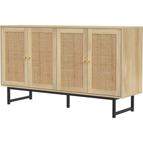 Buffet en bois et rotin 140 cm, Bahut 4 portes avec rotin véritable et pieds en métal noir, Meuble de rangement pour salon (1/5)
