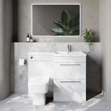 Napoli 460 Gloss White 1100mm 2 Drawer Vanity Unit Toilet Suite with Right Hand Square Lucia Basin - 1100mm - Chrome 320mm HandleWith Kingston Toilet Pan and Seat