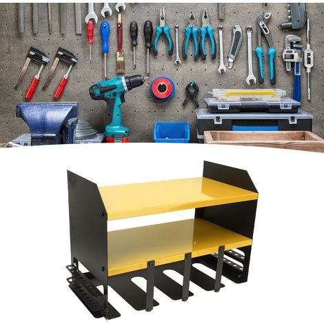 Étagère murale jaune pour perceuses électriques, tournevis et outils. (1/5)