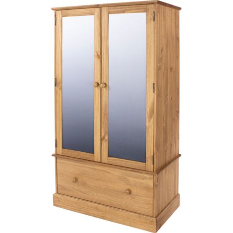 2 Mirror Door with 1 Drawer Wardrobe - Pine - L55.5 x W100 x H187.7 cm - Antique Waxed Pine - Flat Packed