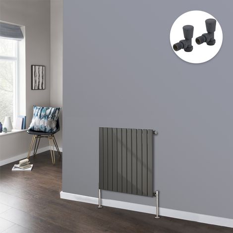 Flat Panel Designer Radiator Bathroom Central Heating Radiators Anthracite with Angled Manual Pair of Valves 600 x 748mm Horizontal Single