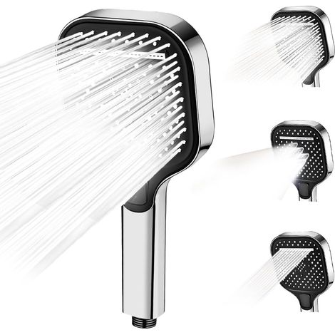 Pommeau de Douche Carré, 3 Modes Pommeau de Douchette à Main Pommeaux de Douches à Pression Renforcée, Large Panneau (120 mm), Pommeaux de Douche Economie pour la Salle de Bain (1/5)