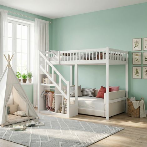 Lit superposé enfant 90x200, lit enfant fille ,lit bas sécurisé avec escalier sécurisé et sommier en bois massif blanc lit enfant