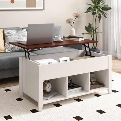 Table Basse avec Plateau Relevable 3 Compartiments Ouverts pour Rangement Polyvalents pour Salon Bureau Blanc (1/2)