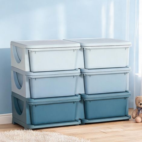 Meuble de rangement enfant 6 tiroirs 75 cm 3 niveaux bleu en PP (1/5)