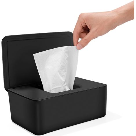 Boîte de rangement lingettes bébé couleur noire avec couvercle, distributeur polyvalent pour mouchoirs papier et lingettes humides (1/5)