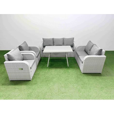 Fimous PE Rattan Garden Furniture Set Outdoor Rectangular Dining Table Sofa Set Light Grey (1/4)