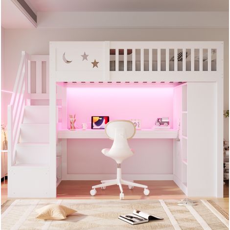 Kinder-Hochbett 90x200 cm weiß aus Holz mit LED-Schreibtisch, platzsparend, ohne Matratze – MEUBLIV (1/5)