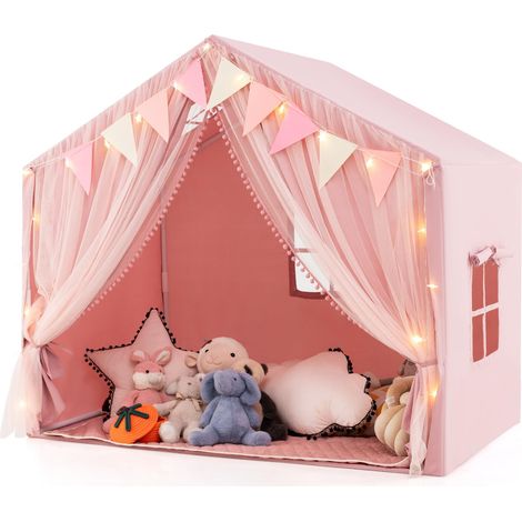 COSTWAY Tenda da Gioco per Bambini, Tenda Castello per 3-4 Bambini con Tende in Tessuto e Rete Luci a Stella e Finestre, Materassino in Cotone, per Bambini 3 Anni+, 146x96x133 cm (Rosa) (1/5)