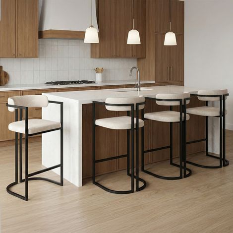 Lote de 4 taburetes de bar RONDY de tela de chenilla color crudo con brazos y patas de metal negro