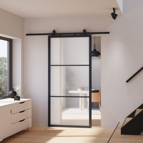 Schulte porte coulissante en verre, 88x203cm, porte coulissante intérieure, porte vitrée, verrière satinée, Loftstyle, noir RAL 9005 -double softclose
